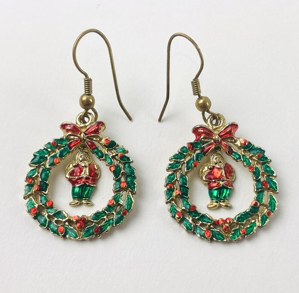 Vintage Estate Earrings Red Green Enamel Christmas Wreath Santa Dangle Rhineston